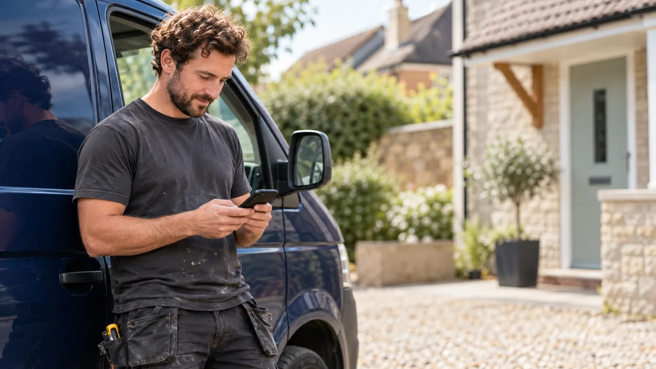 A trade business owner checking their phone beside a parked work van.