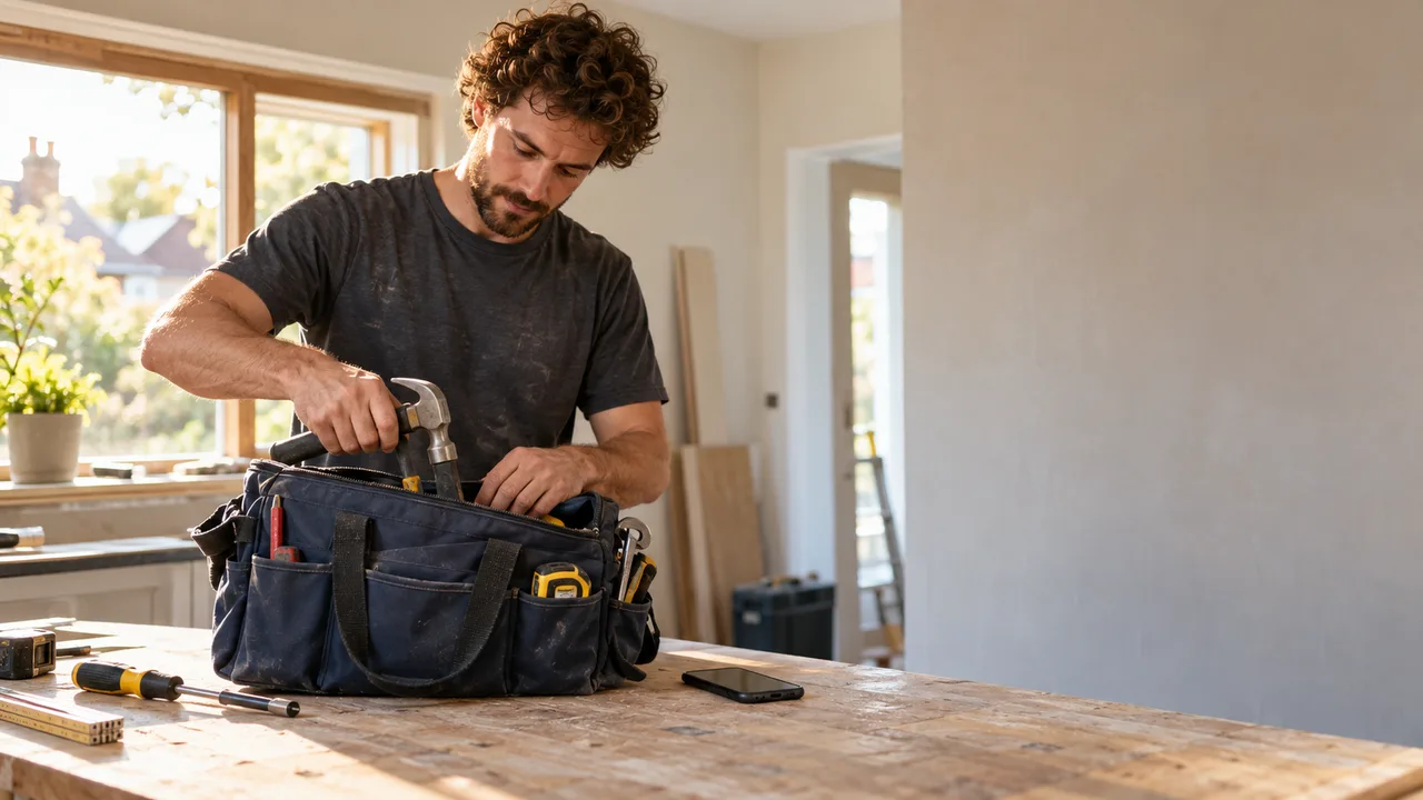 A trade business owner putting tools away at the end of a job.
