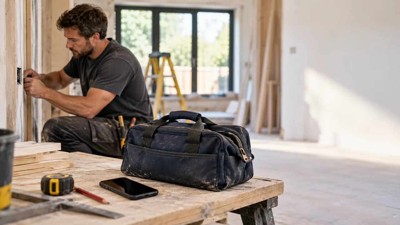 Phone and tool bag on a workbench while a tradesperson works nearby